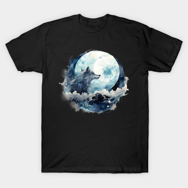 Wolf looking at full moon T-Shirt by Retroprints